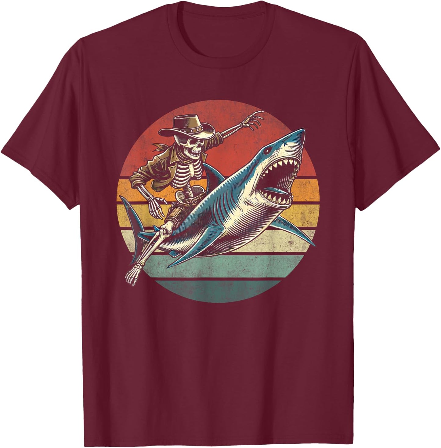 Skeleton Rodeo Shark Funny Vintage Skeleton Riding Shark T-Shirt - T-Shirt | Maroon