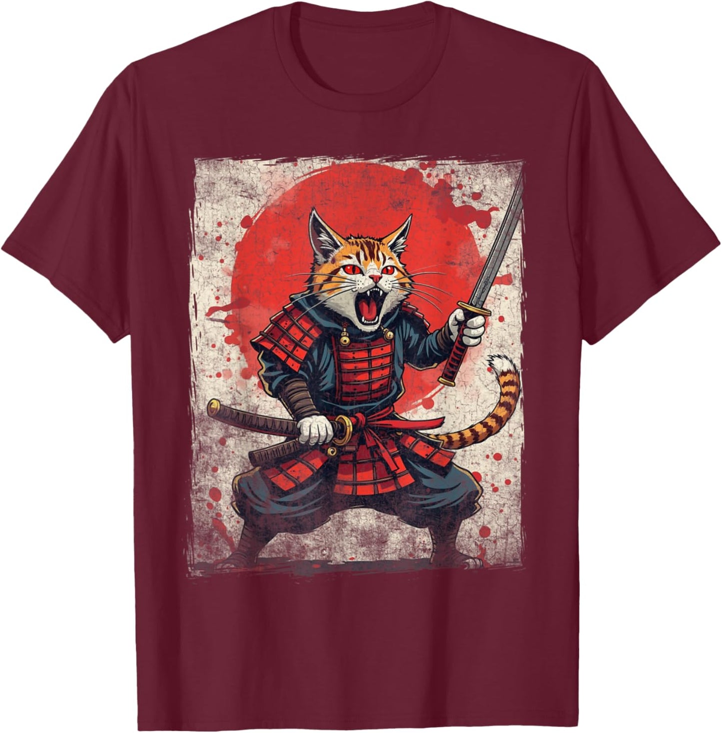 Samurai Cat Ukiyo-e Warrior Art Vintage Ninja Cat Graphic T-Shirt - T-Shirt | Maroon