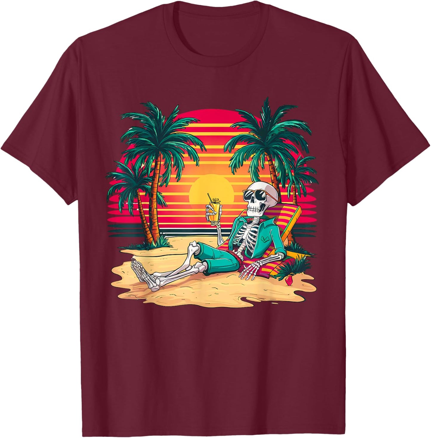 Funny Skeleton On Tropical Island Beach Retro Women Kids T-Shirt - T-Shirt | Maroon