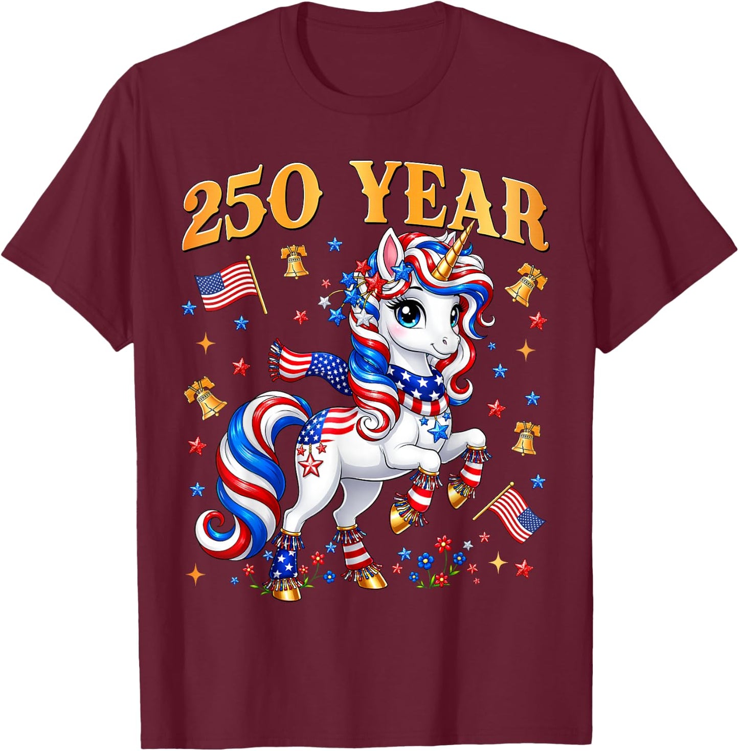 250 Years Girls Kids 250th Anniversary USA Unicorn Patriotic T-Shirt - T-Shirt | Maroon