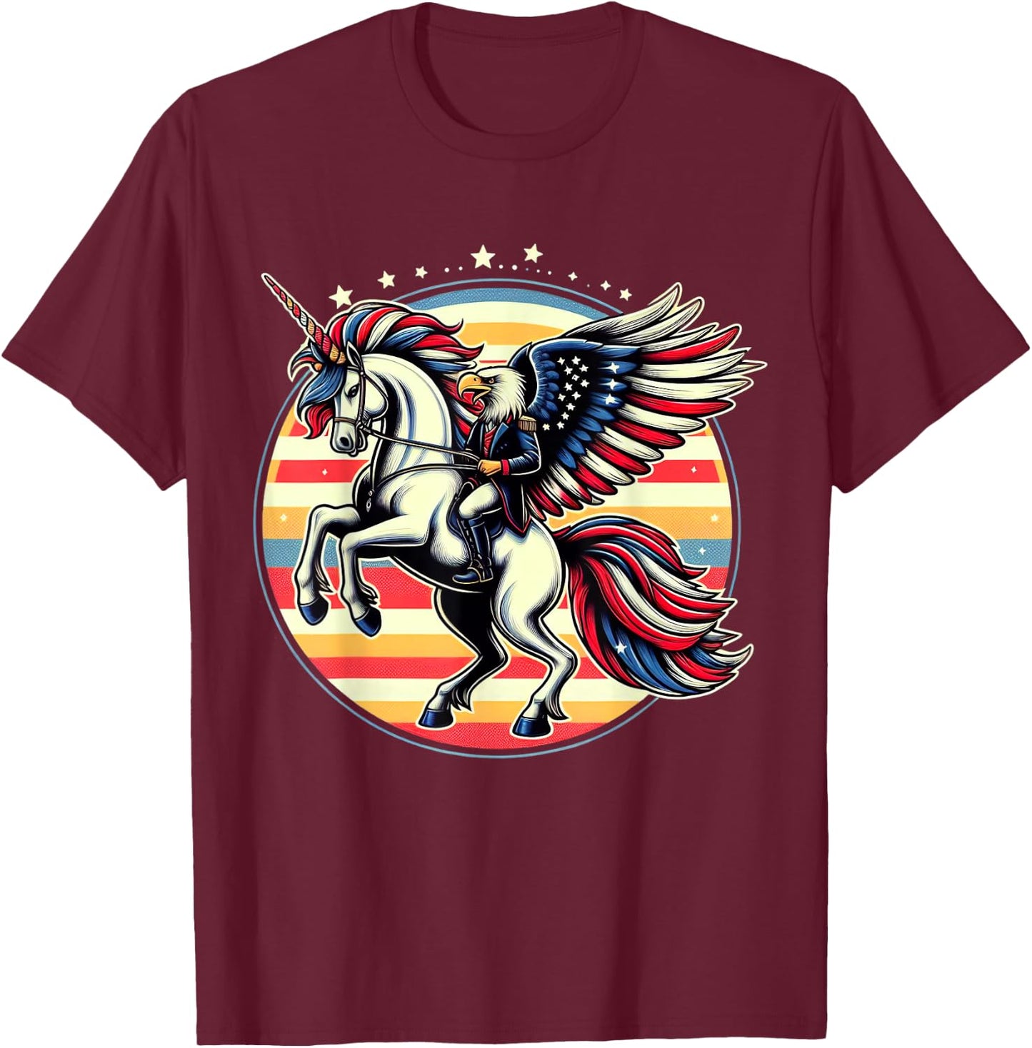 Bald Eagle Riding Unicorn 4th Of July American Flag Women Kids Men T-Shirt - T-Shirt | Maroon