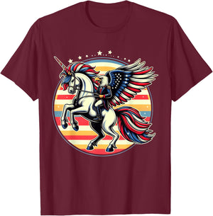 Bald Eagle Riding Unicorn 4th Of July American Flag Women Kids Men T-Shirt - T-Shirt | Maroon