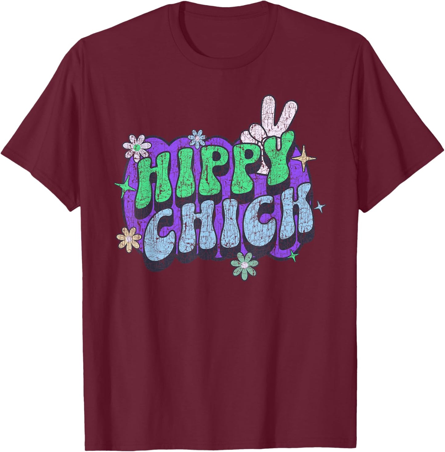 Hippy Chick, Women Girl Cute Retro Saying Hippie Floral T-Shirt - T-Shirt | Maroon