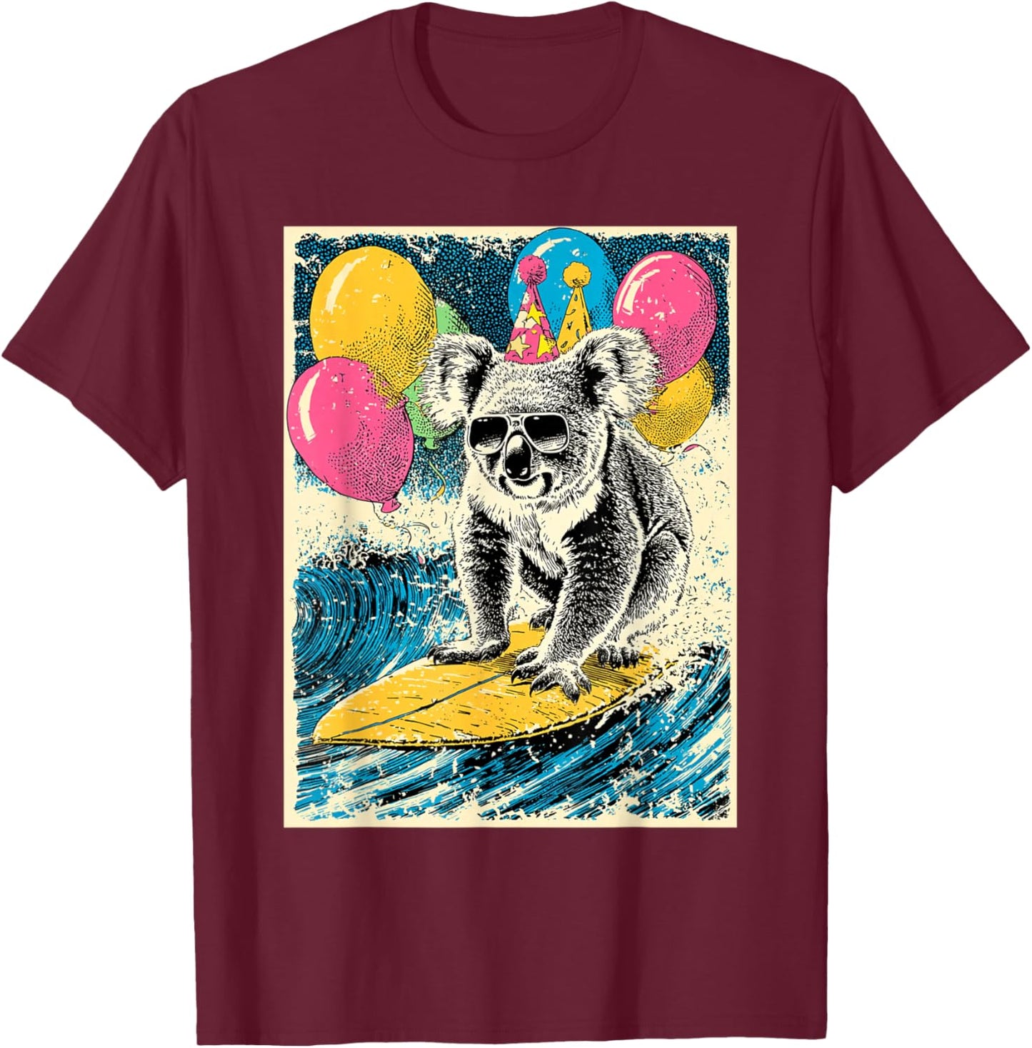 Koala Surfing Birthday Party Themed Balloons Retro Art T-Shirt - T-Shirt | Maroon