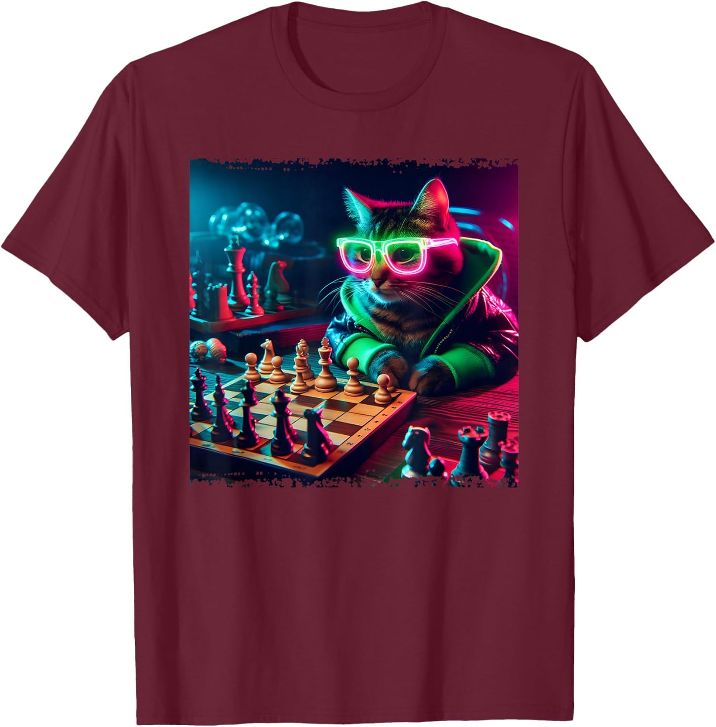 Stylish Cat Playing Chess T-Shirt - T-Shirt | Maroon