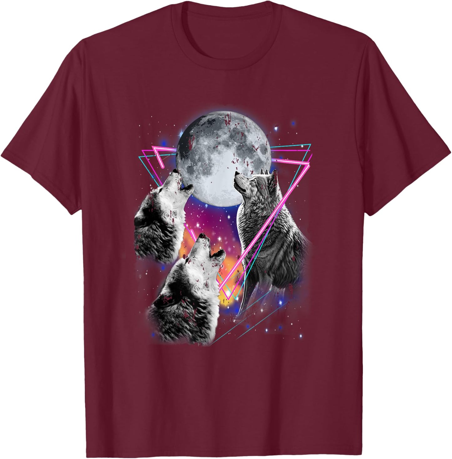 Epic 3 Wolves Howling At Moon 80s Style Wolf T-Shirt - T-Shirt | Maroon
