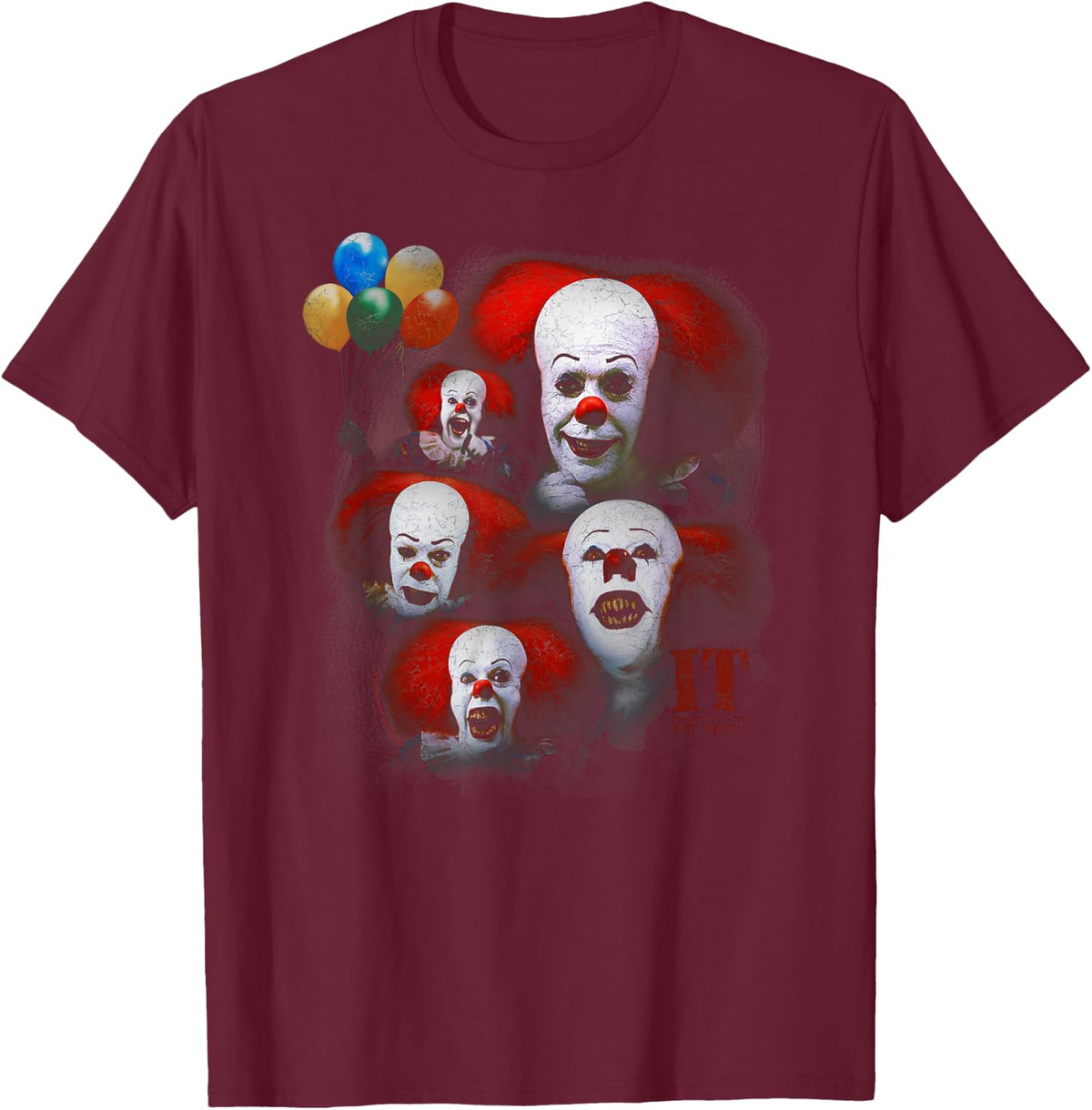 Popfunk IT (1990) Many Faces of Pennywise - Black - -Adults - Small T-Shirt - T-Shirt | Maroon
