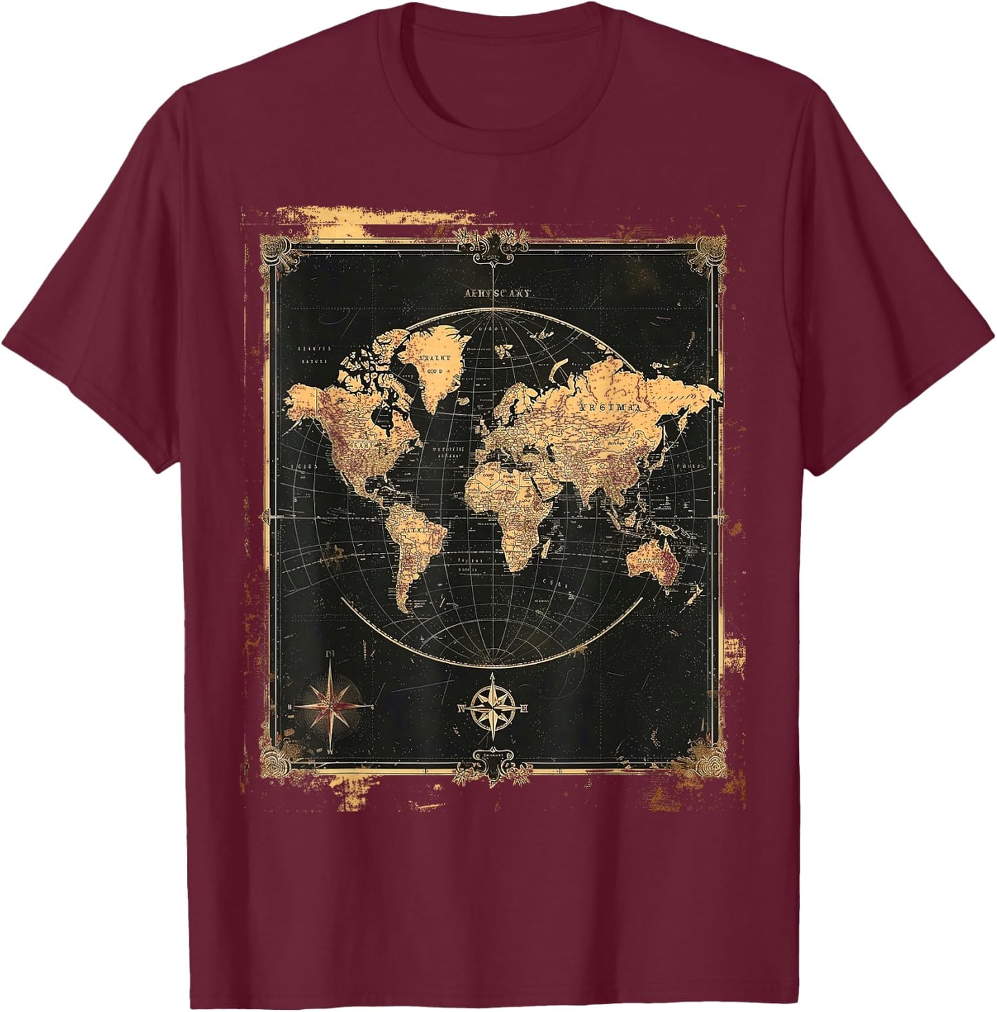 Vintage World Map Poster T-Shirt - T-Shirt | Maroon