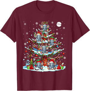 Group Santa Reindeer Elf Elephants On Christmas Tree T-Shirt - T-Shirt | Maroon