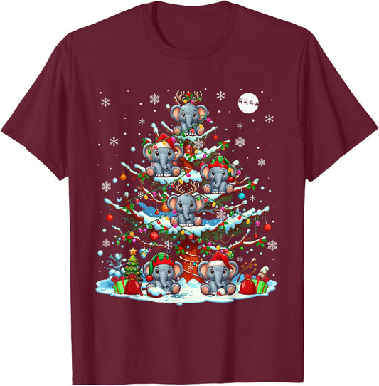 Group Santa Reindeer Elf Elephants On Christmas Tree T-Shirt - T-Shirt | Maroon