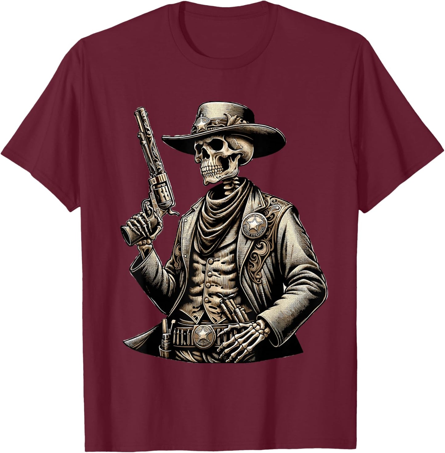 Skeleton Cowboy Gunslinger Outlaw Wild West T-Shirt - T-Shirt | Maroon