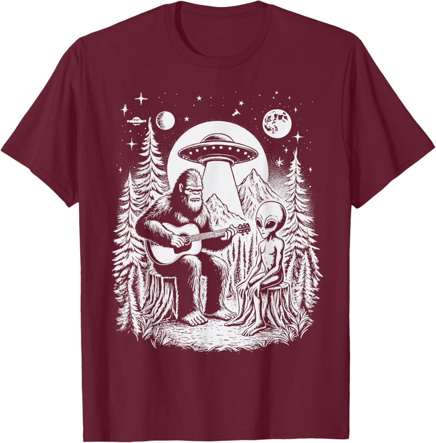 Bigfoot UFO Alien Around Campfire Nature Hiking Sasquatch T-Shirt - T-Shirt | Maroon