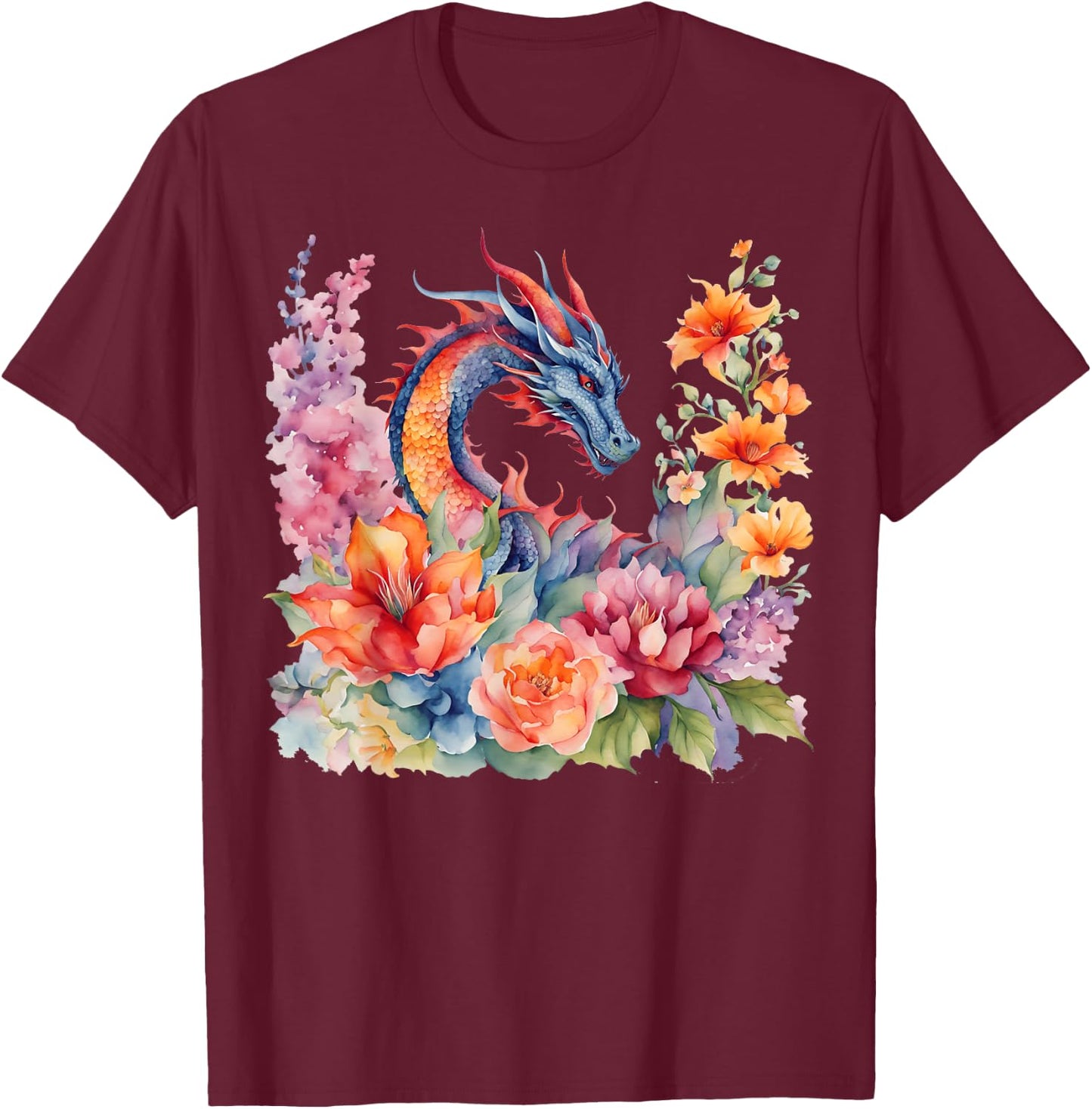 Watercolor Dragon Flowers Beautiful Art Colorful Graphic T-Shirt - T-Shirt | Maroon