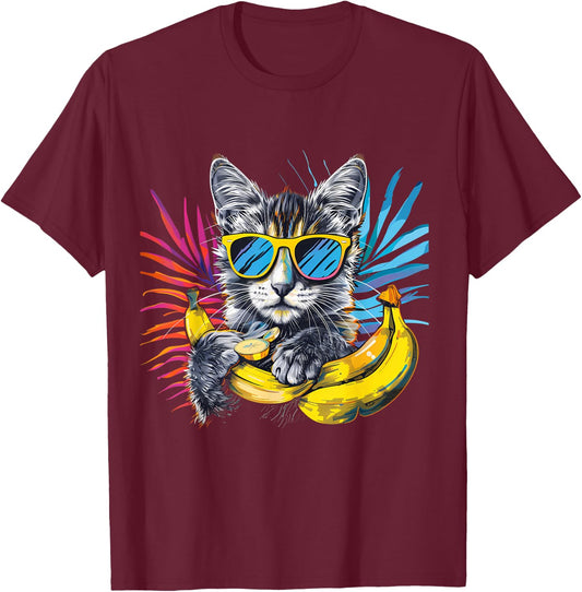 Banana Cat Colourful Sunglasses Artwork Banana Fruits T-Shirt - T-Shirt | Maroon