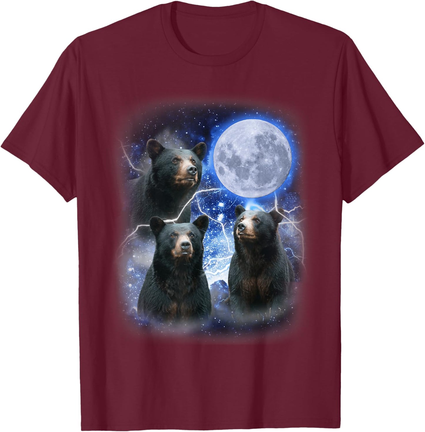 Three Black Bear Moon - 3 Wild Bears Gazing at the Moonlight T-Shirt - T-Shirt | Maroon