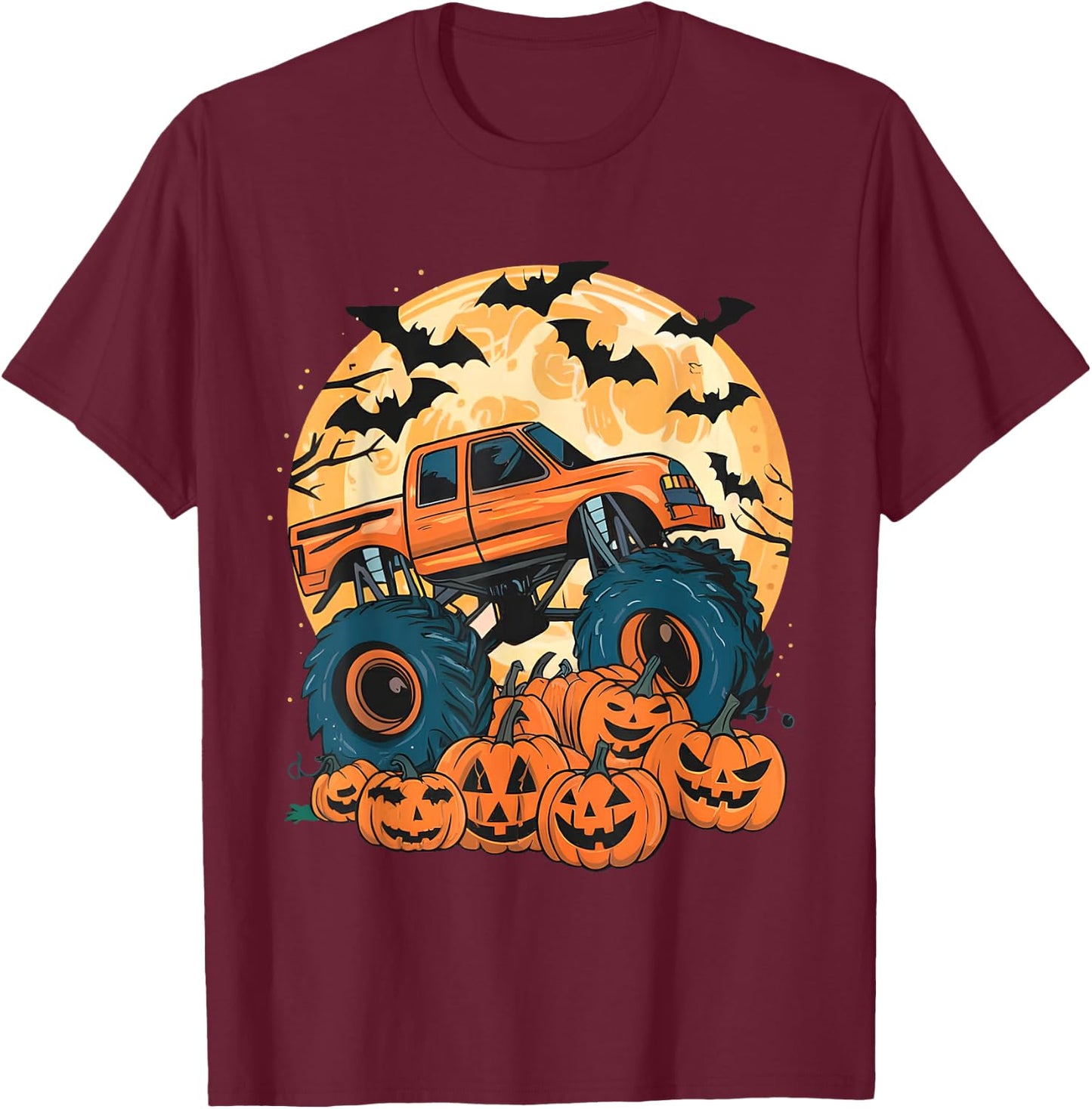 Ghost Truck Moon Pumpkin Toddler Boys Halloween Teens Kids T-Shirt - T-Shirt | Maroon
