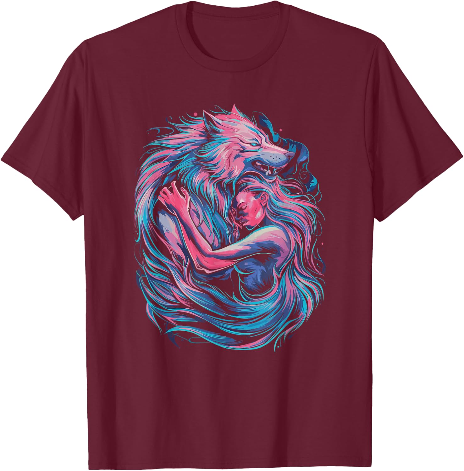Therian art with a girl and a wolf entwined T-Shirt - T-Shirt | Maroon
