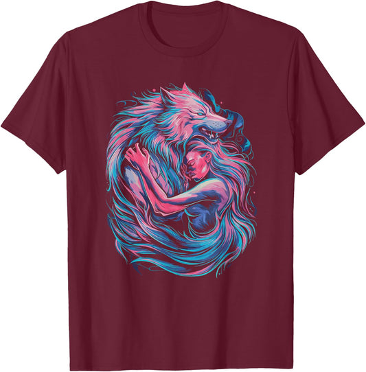 Therian art with a girl and a wolf entwined T-Shirt - T-Shirt | Maroon