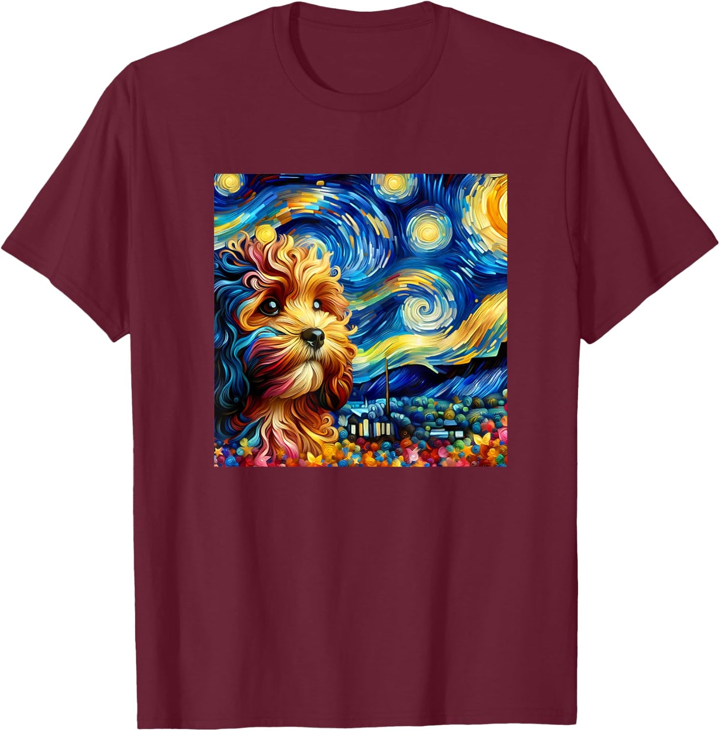 Cute Cavapoo Starry Night Painting Style Dog Art Women Kids T-Shirt - T-Shirt | Maroon