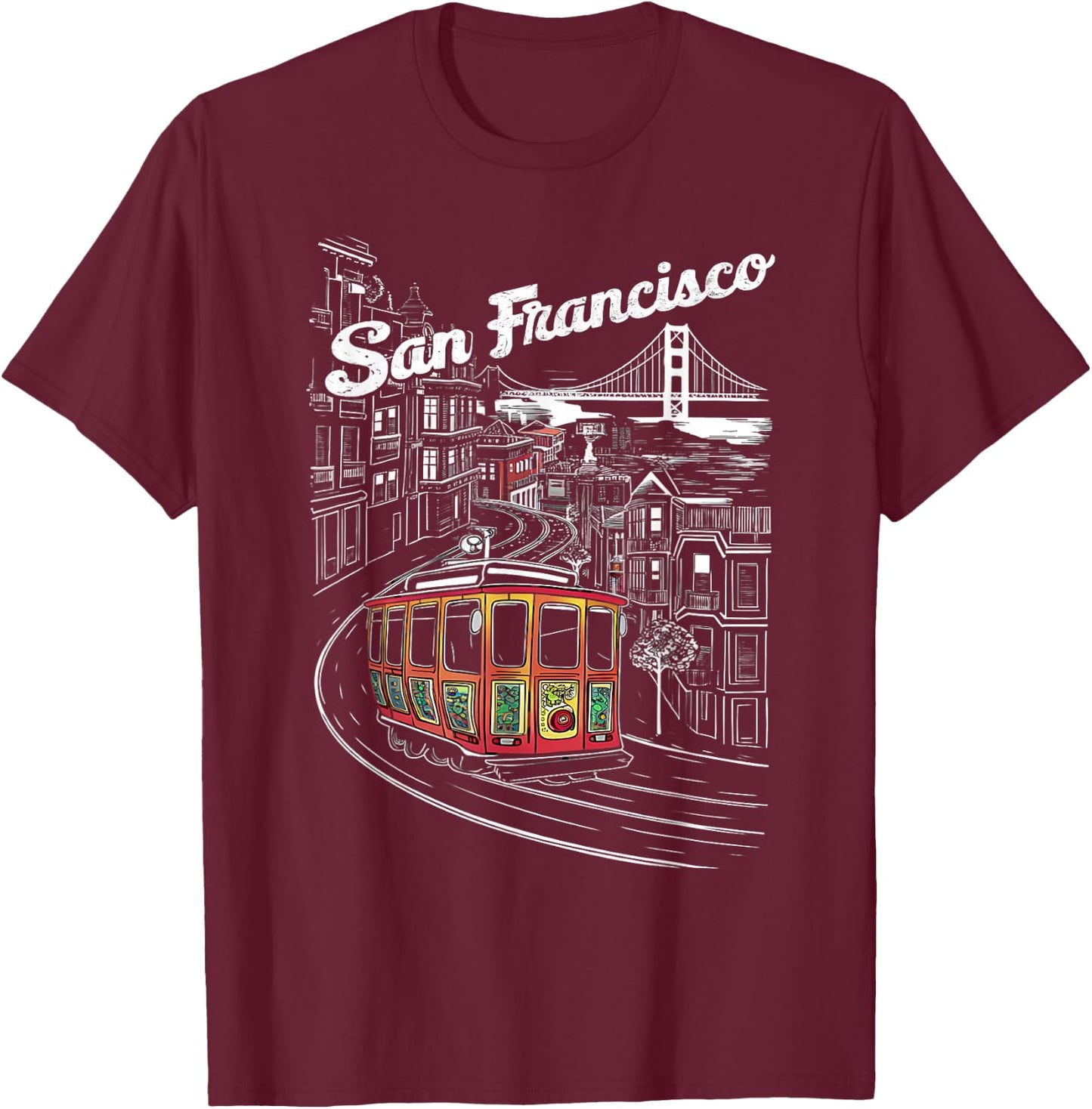 Historic San Francisco Cable Car Vintage SF Illustration T-Shirt - T-Shirt | Maroon