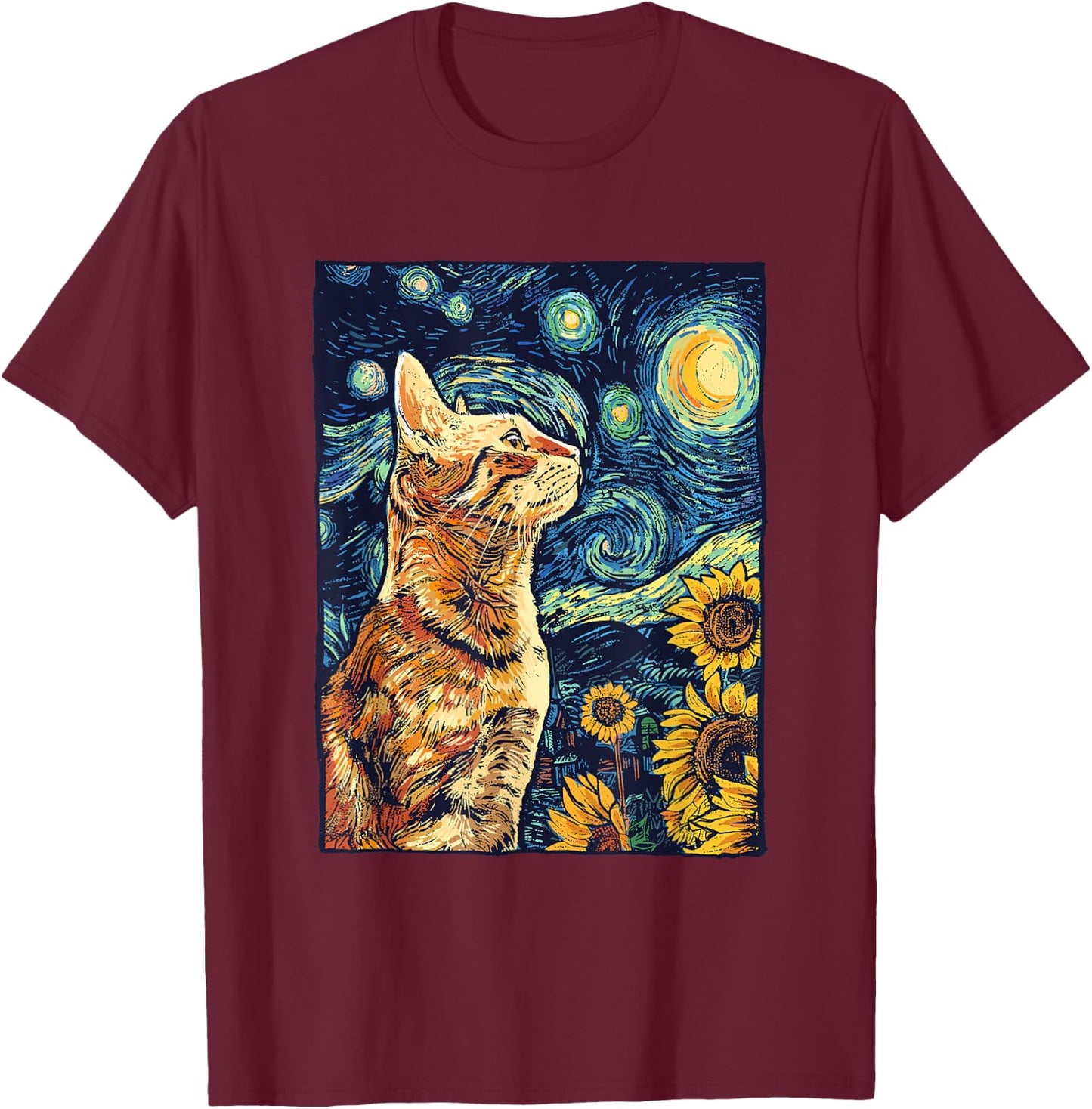 Van Gogh Starry Night Cat Shirt Van Gogh Cat Painting T-Shirt - T-Shirt | Maroon