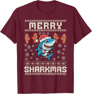 Merry Sharkmas Shark Christmas Ugly Xmas Kids Shark Christma T-Shirt - T-Shirt | Maroon