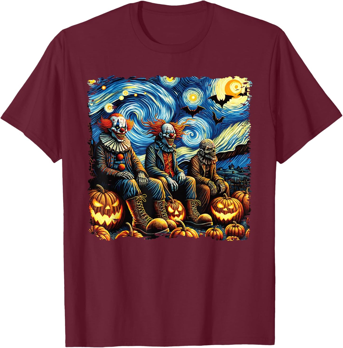 Van Gogh Starry Night Scary Clowns Halloween Fall Pumpkin T-Shirt - T-Shirt | Maroon