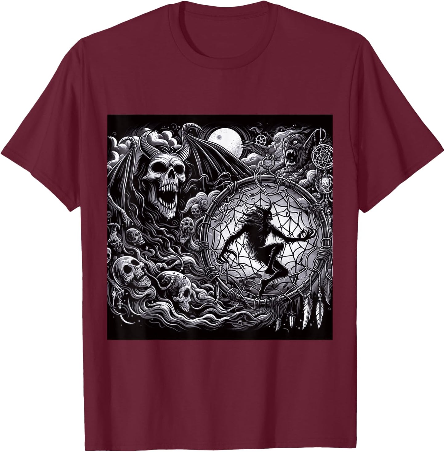 Demonic Occult Dreamcatcher Possessed Spiritual Horror Print T-Shirt - T-Shirt | Maroon