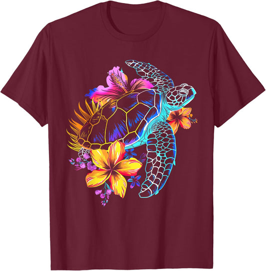 Sea Turtle Hawaiian Flowers Hawaii Scuba Diving Diver T-Shirt - T-Shirt | Maroon