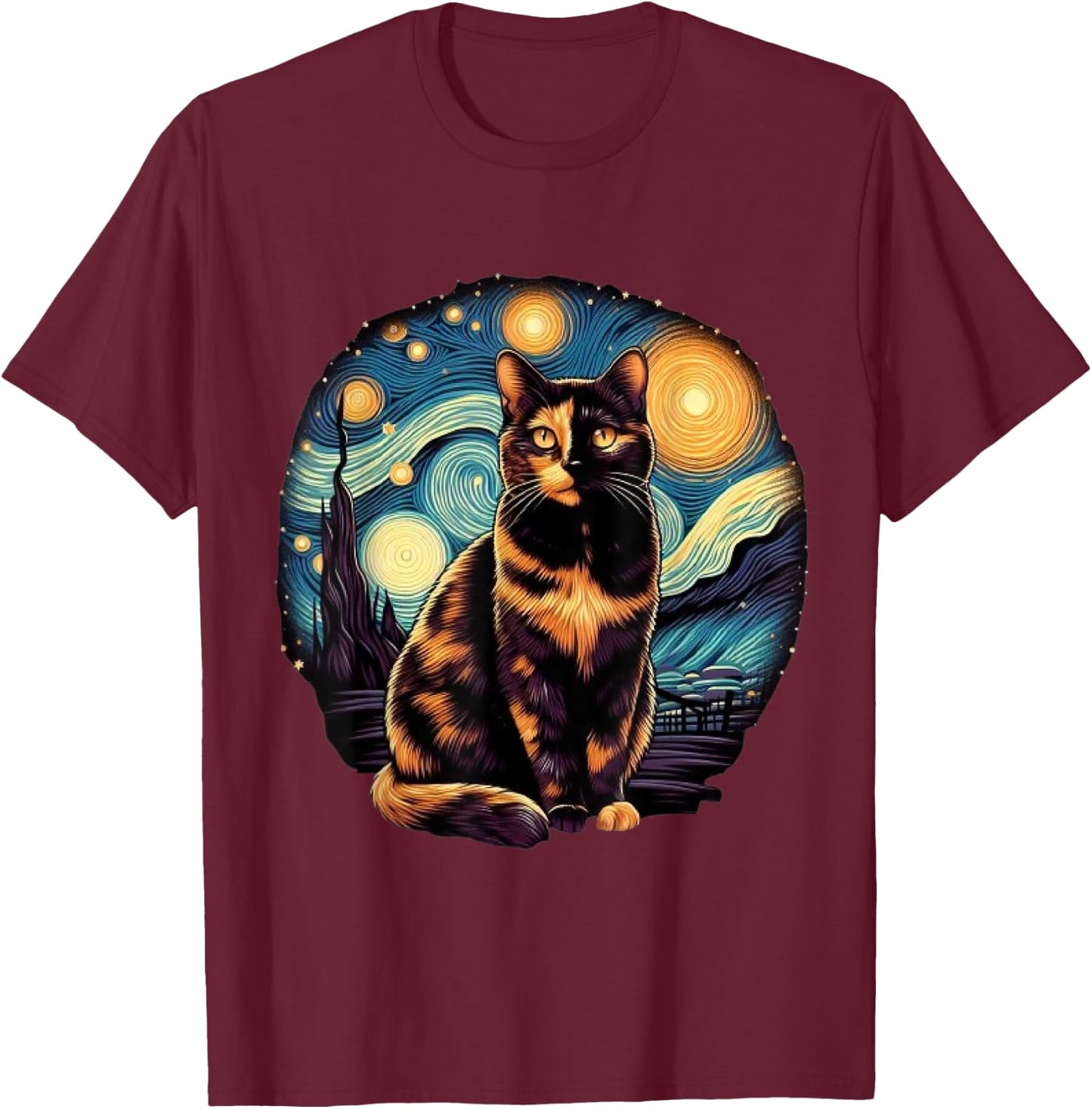 Tortoiseshell Tortie Starry Night Kitty Cat Art Men Women Kids T-Shirt - T-Shirt | Maroon