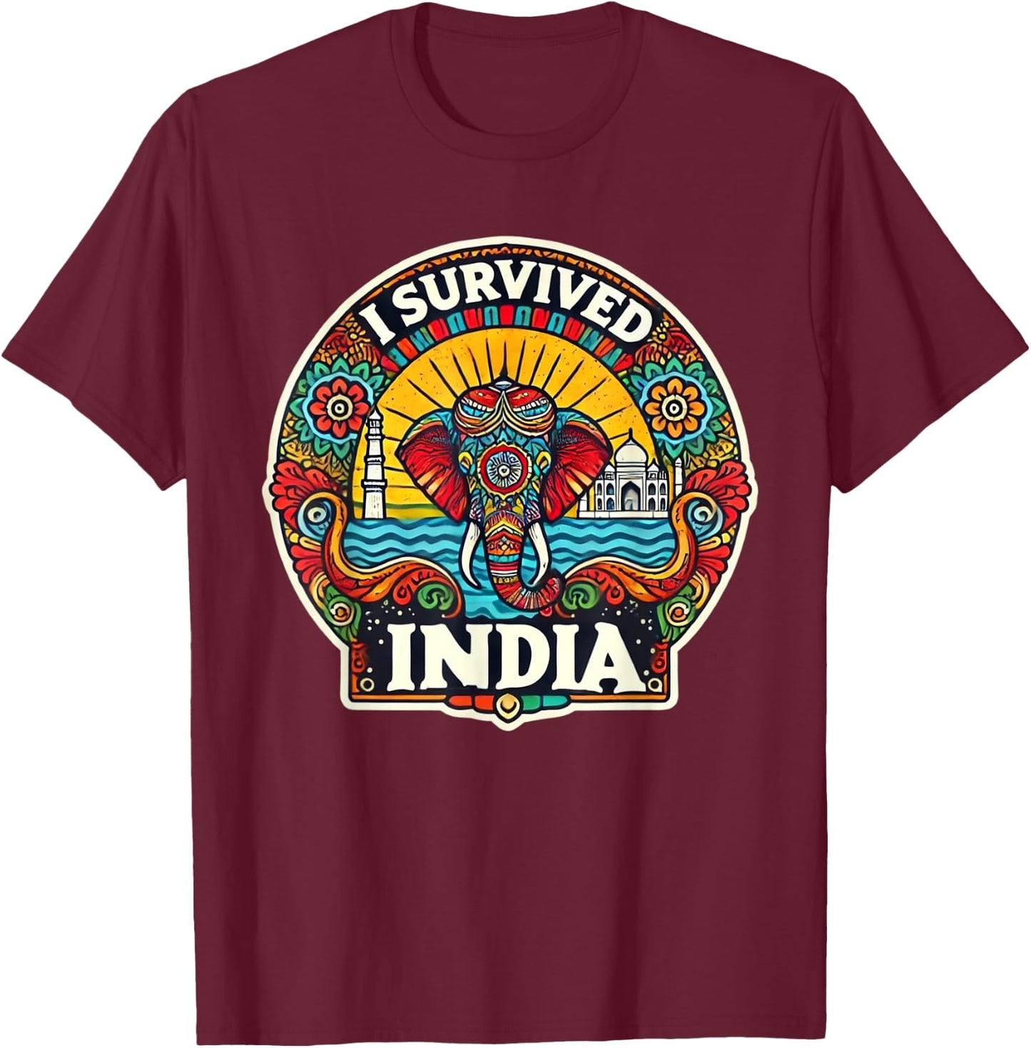 Vibrant 'I Survived India' Design with Elephant and Landmark T-Shirt - T-Shirt | Maroon