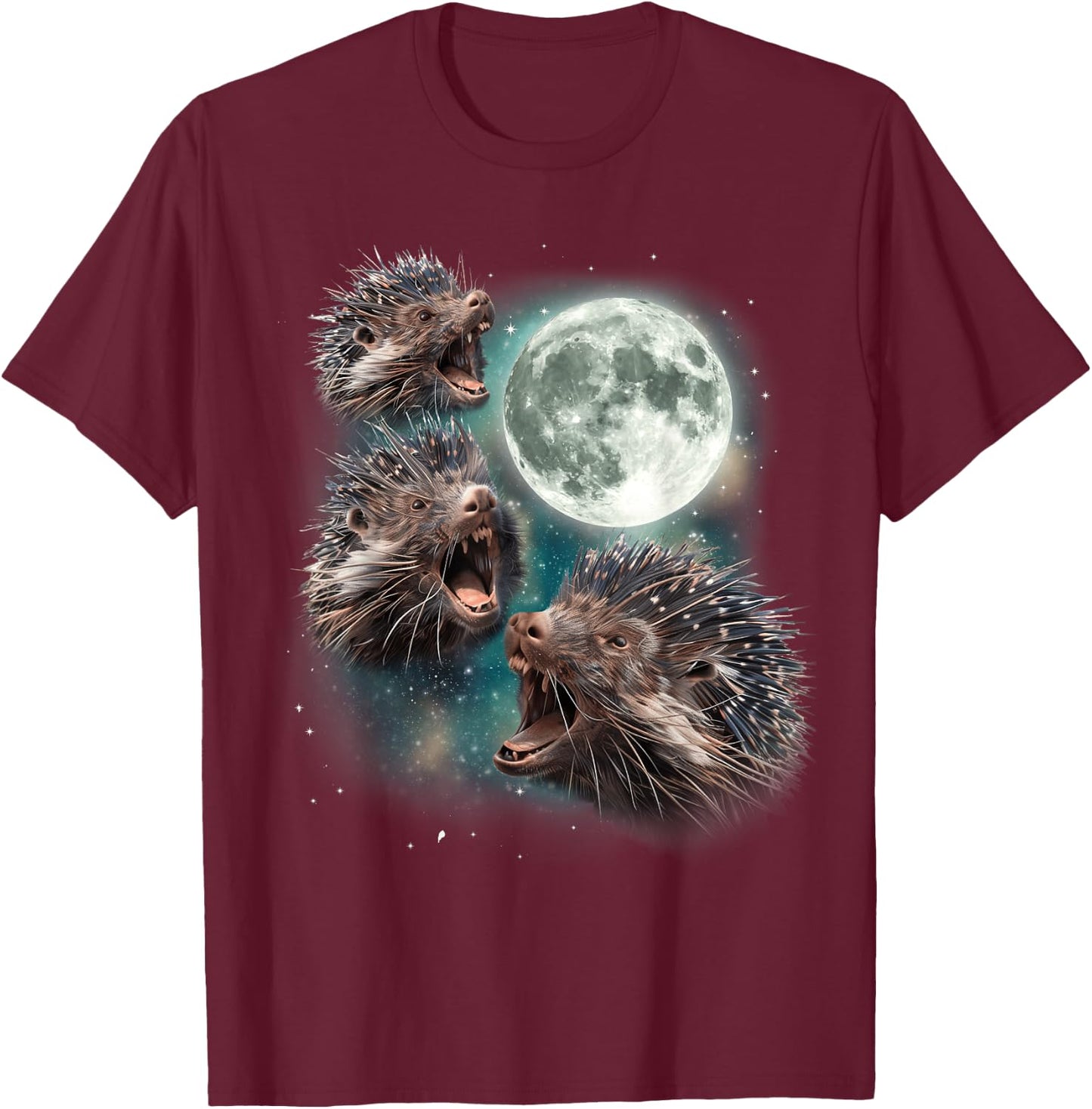 Three Porcupine Moon | Funny 3 Howling Quill Pig Parody Meme T-Shirt - T-Shirt | Maroon