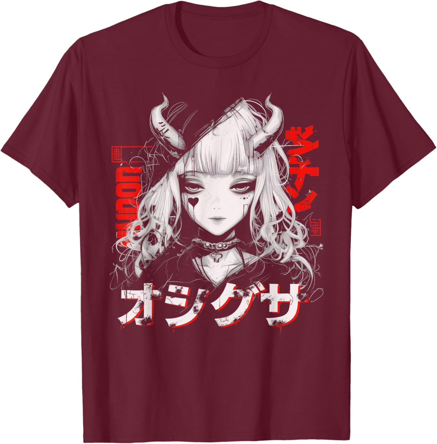 Anime Goth Grunge Demon Girl Waifu Horror Alt Aesthetic T-Shirt - T-Shirt | Maroon