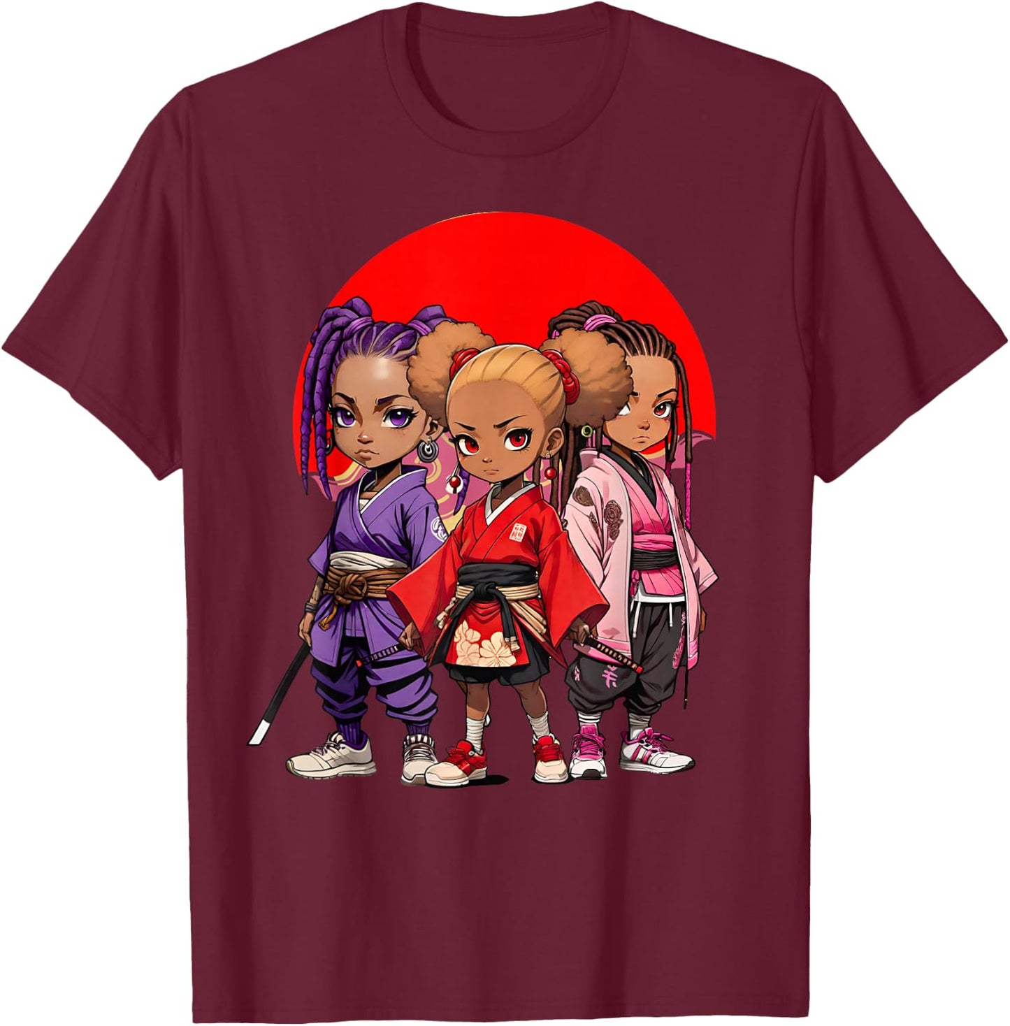 Samurai Girls Anime Afro | Japanese Retro Style Natural Hair T-Shirt - T-Shirt | Maroon