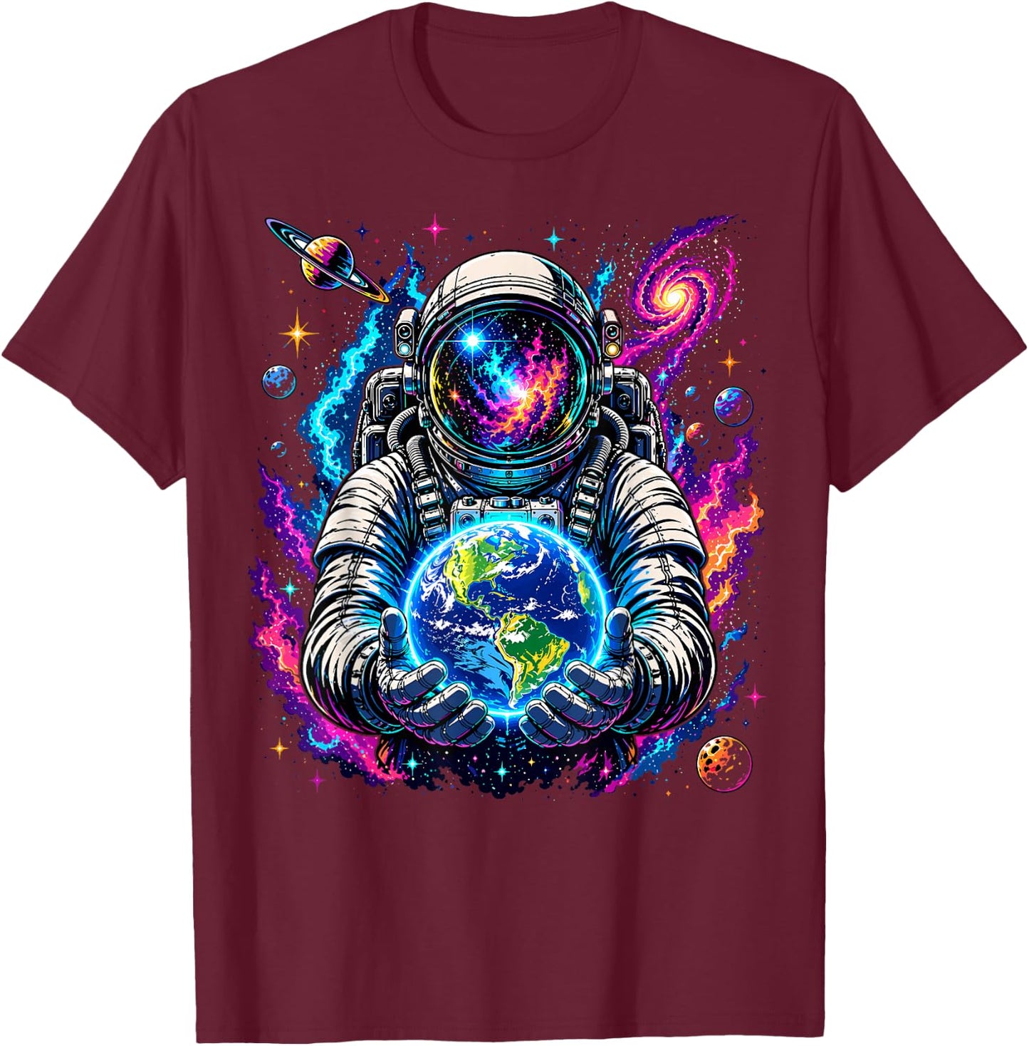 Astronaut Holding Planet Space Science T-Shirt - T-Shirt | Maroon