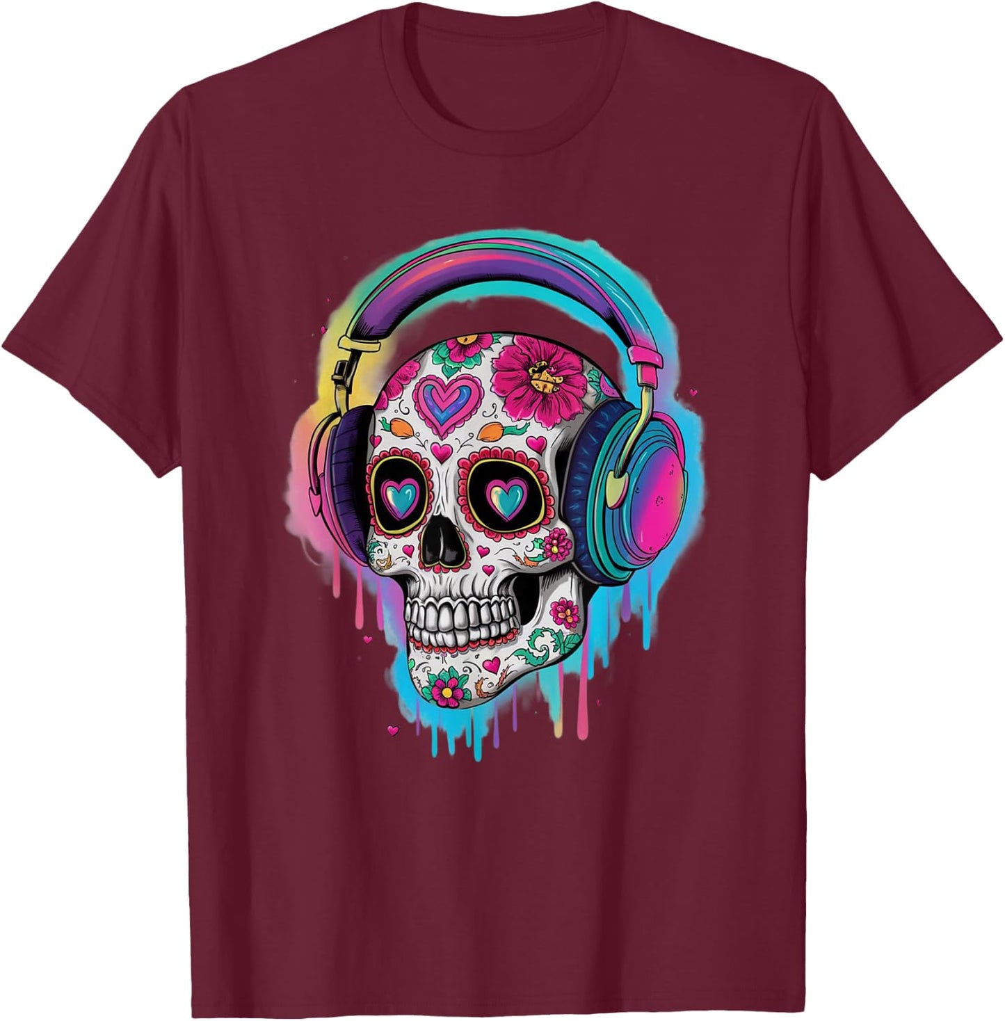 Sugar Skull Headphones Day of Dead Halloween Dia De Muertos T-Shirt - T-Shirt | Maroon