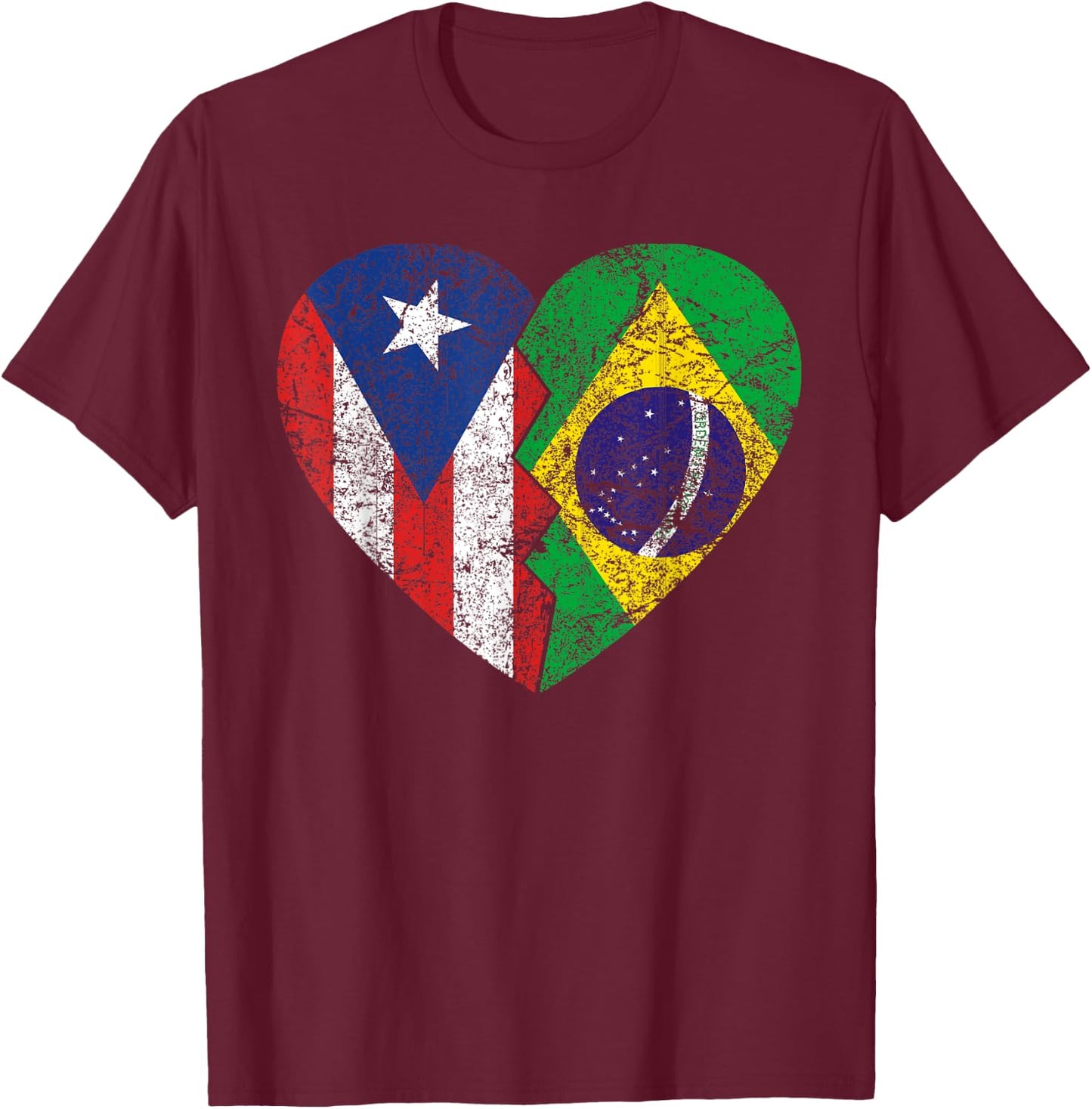 Brazilian Puerto Rican Flags Heart | Puerto Rico Brazil T-Shirt - T-Shirt | Maroon