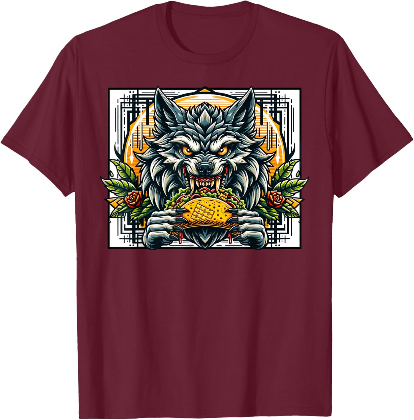 Wolf Eating Taco Fantasy Art Mexican Food And Drinks T-Shirt - T-Shirt | Maroon