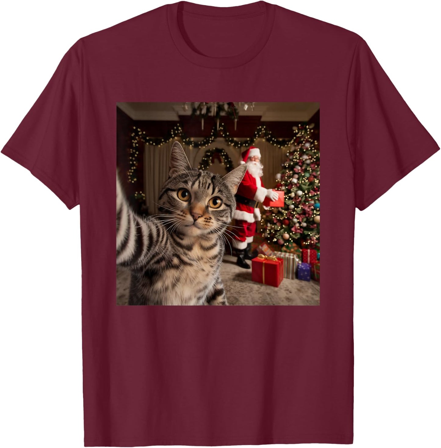 Christmas Cat Selfie with Santa Claus Cute Holiday Photo T-Shirt - T-Shirt | Maroon