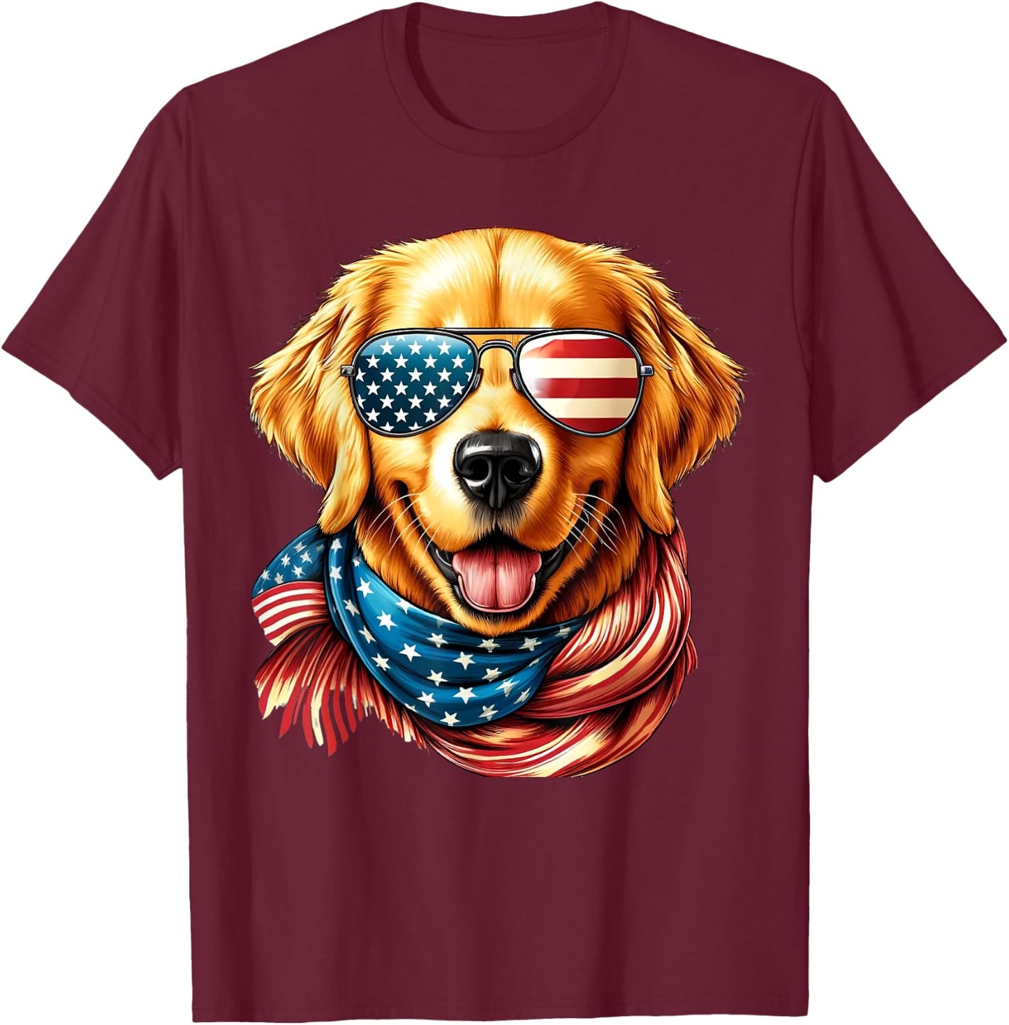 Golden Retriever Dog American Flag Sunglasses 4th of July T-Shirt - T-Shirt | Maroon