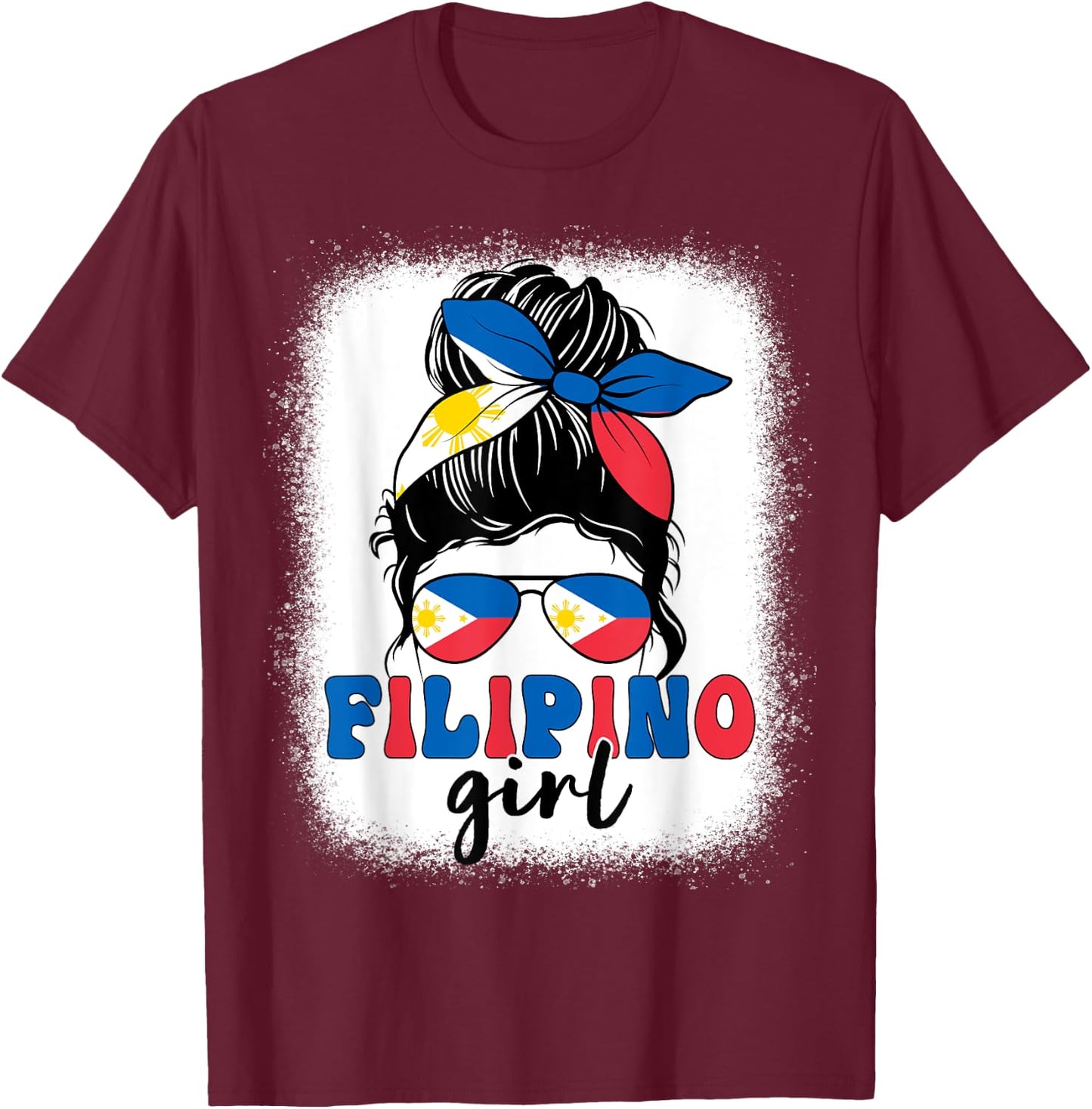 Filipino Girl Messy Bun Philippines Flag Patriotic Women Kid T-Shirt - T-Shirt | Maroon