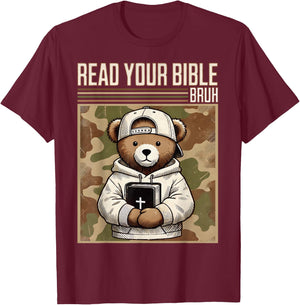 Read Your Bible Bruh Camo Hip Hop Teddy Bear Christian Men's T-Shirt - T-Shirt | Maroon