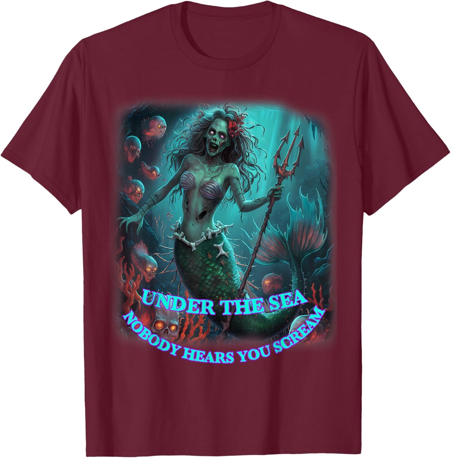 Zombie Mermaid Halloween Spooky Skulls Mermaids Fantasy T-Shirt - T-Shirt | Maroon