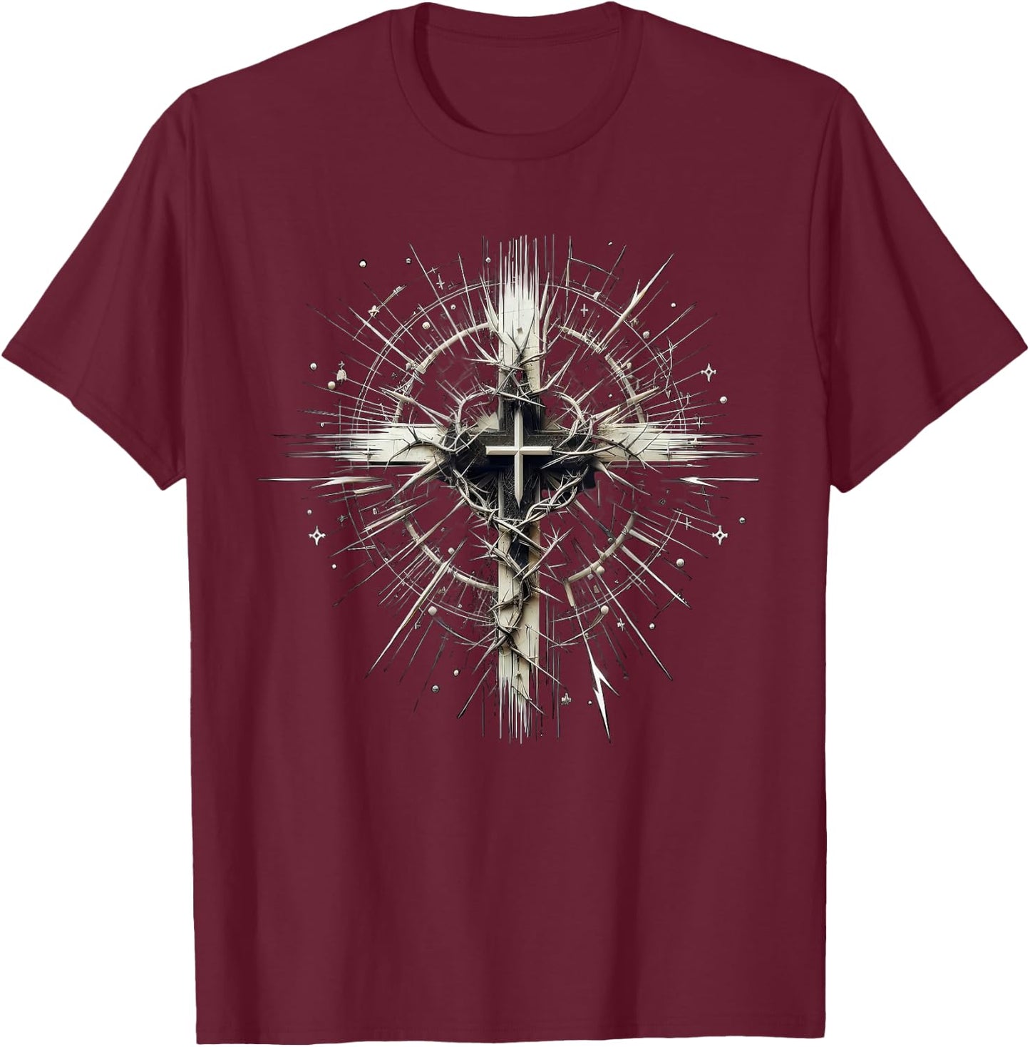 Edgy Punk Art Style Christian Cross Lightning Thorns Grunge T-Shirt - T-Shirt | Maroon