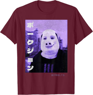 Japanese John Pork Vintage Aesthetic Meme Pig Brainrot T-Shirt - T-Shirt | Maroon