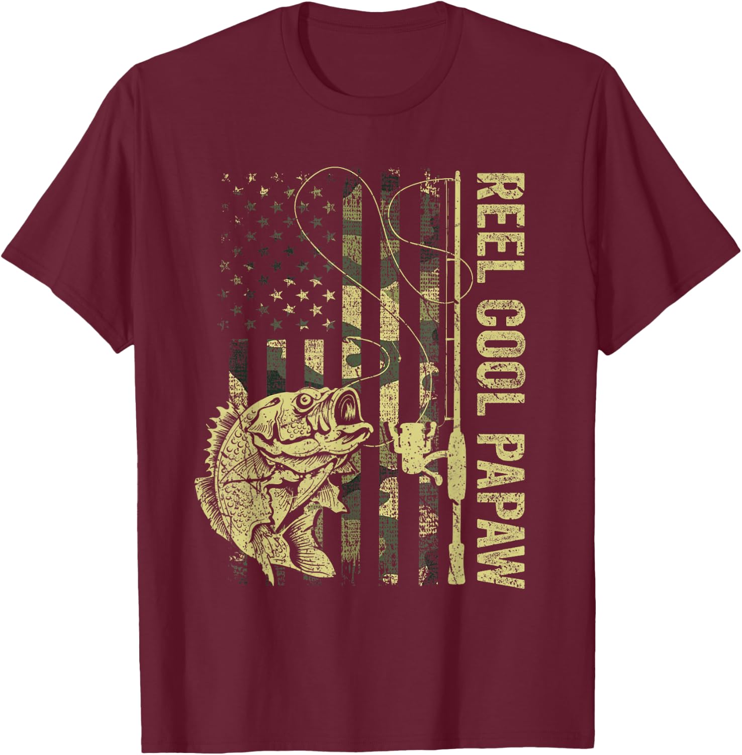Reel Cool Papaw Camouflage American Flag Father's Day Gift T-Shirt - T-Shirt | Maroon