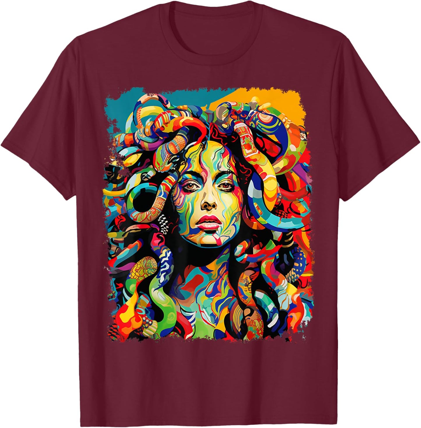 MythoThreads Women's Medusa Graphic - Black, Short Sleeve, Regular Fit, Small T-Shirt - T-Shirt | Maroon