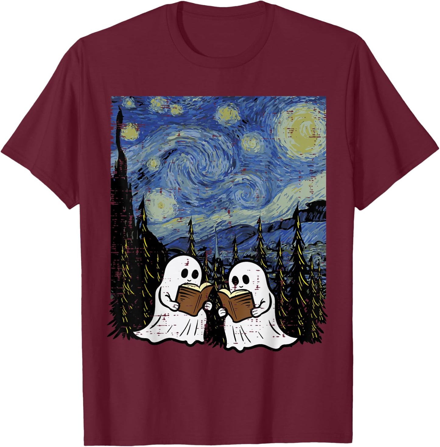 Halloween Ghosts Books Starry Night Costume Men Women Kids T-Shirt - T-Shirt | Maroon