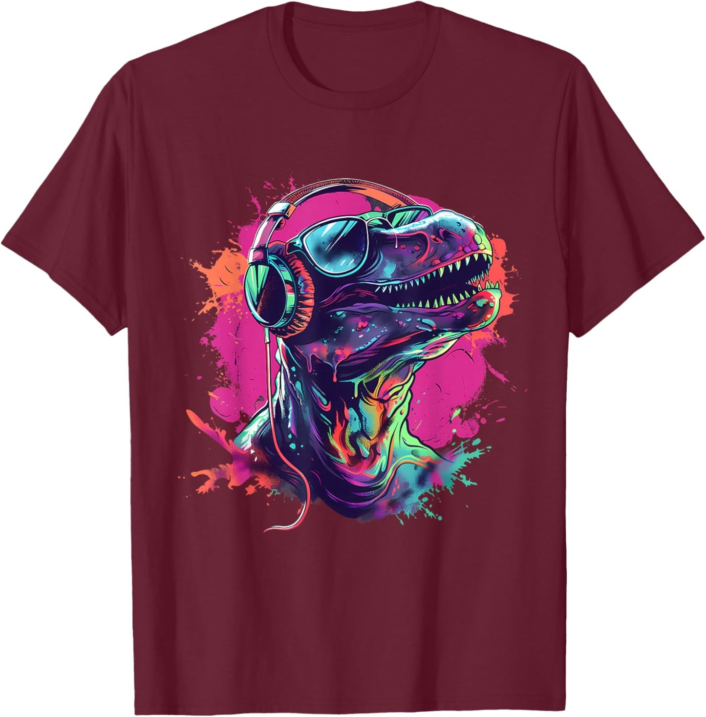 Dinosaur Music DJ Splash Techno Beatmaker Music Headphones T-Shirt - T-Shirt | Maroon