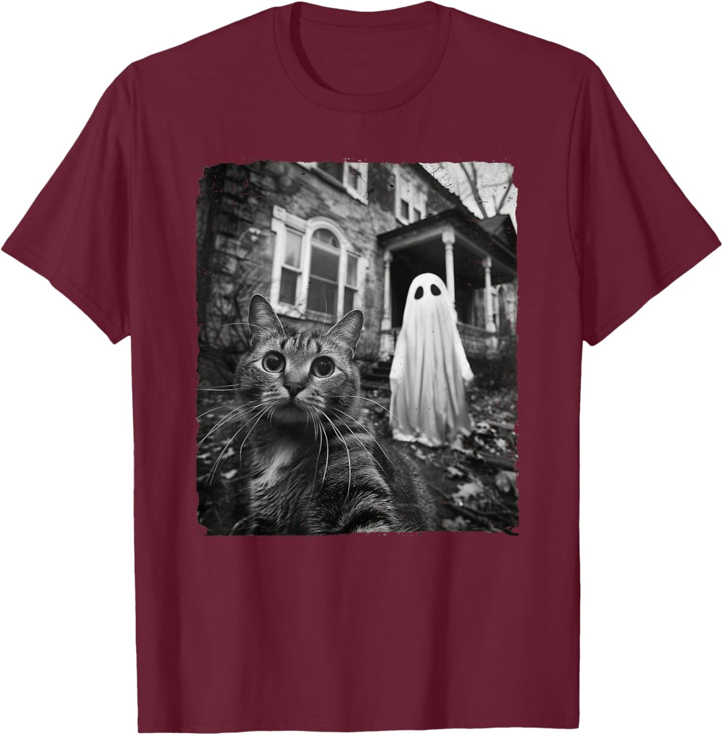 Funny Cat Selfie Ghost Halloween House Photo Haunted Spooky Women Kids T-Shirt - T-Shirt | Maroon